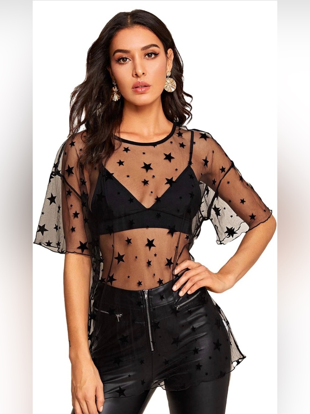 Sheer Star Mesh Short Sleeve Oversized Top